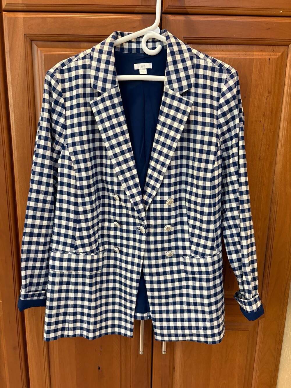 J.Jill Gingham Blazer Size L Blue White Double Breasted